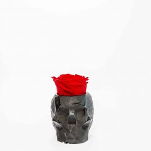 Betonnen vaas in de vorm van een 3D schedel met een roos