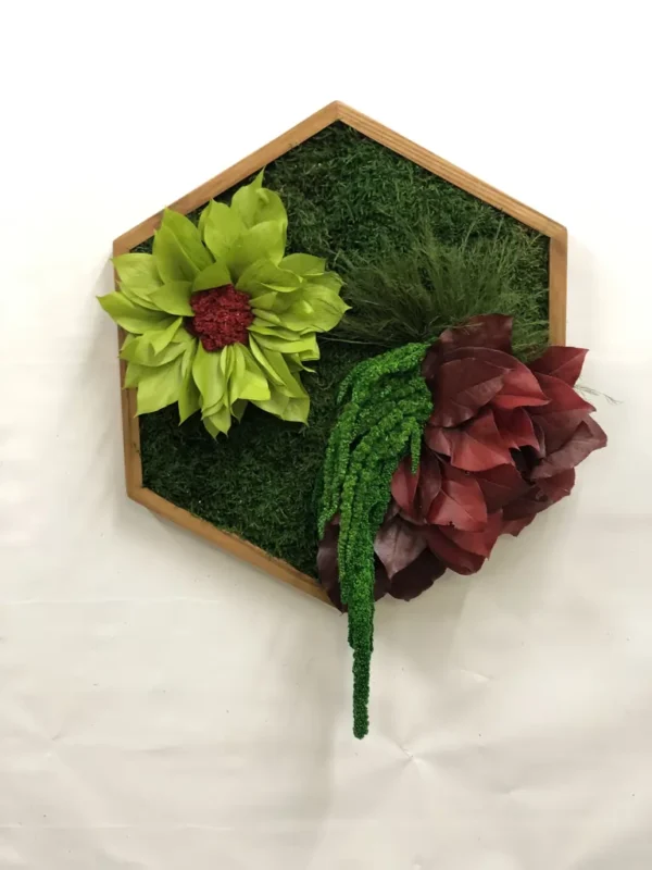 Mosschilderij Hexagon met Mos Bloemen en Planten