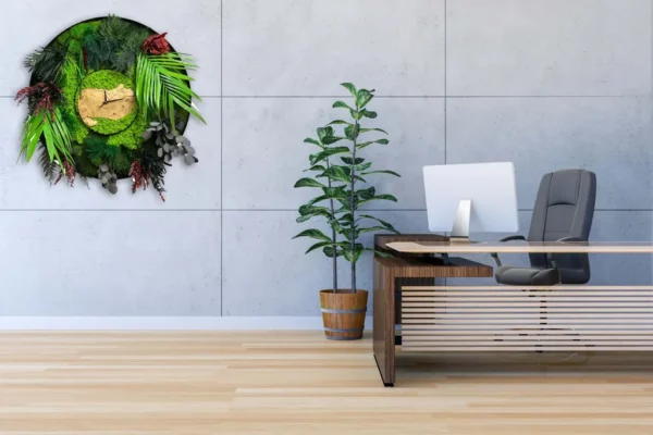 Ronde Wandklok gemaakt van Hout, Mos en Planten