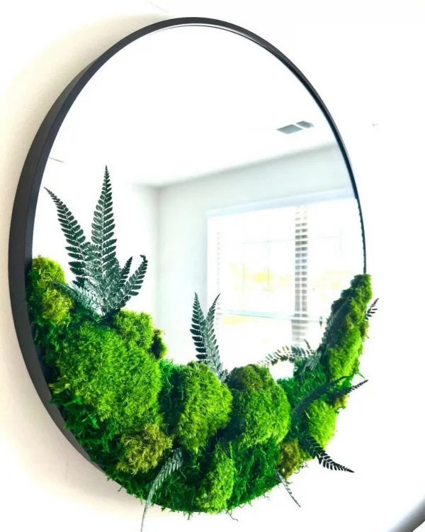 Ronde spiegel met bolmos, platmos en planten in frame