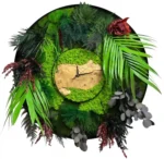 Ronde Wandklok gemaakt van Hout, Mos en Planten
