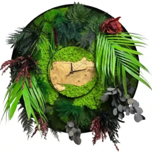 Ronde Wandklok gemaakt van Hout, Mos en Planten