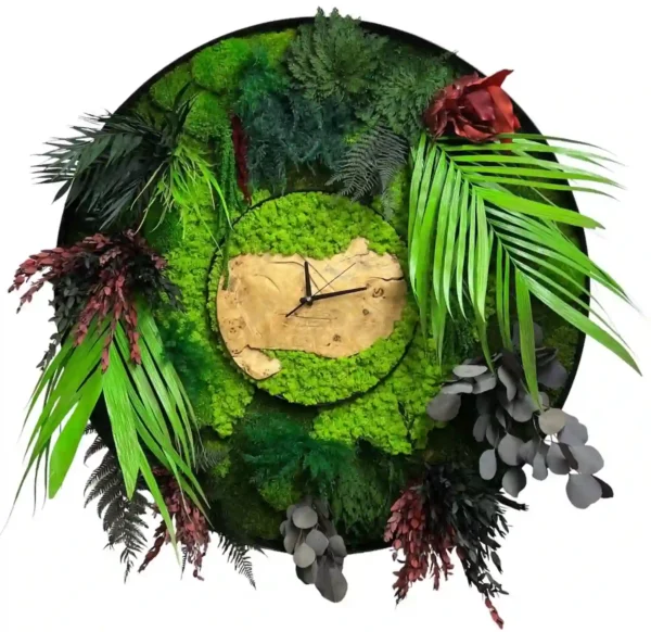 Ronde Wandklok gemaakt van Hout, Mos en Planten