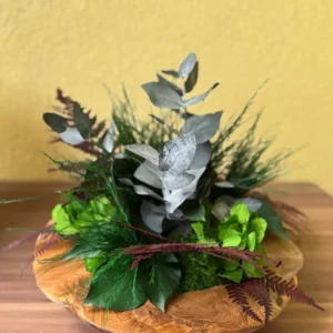 Decoratieve houten schaal: bolmos en planten