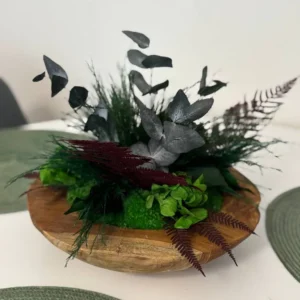 Decoratieve houten schaal: bolmos en planten