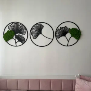 Mos schilderij Ginkgo blad – wanddecoratie set van 3