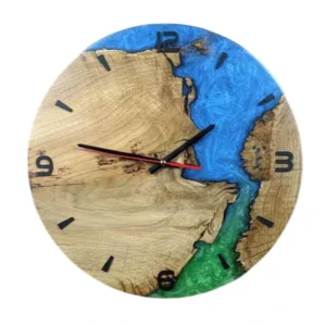 Elegante blauwe epoxy klok van eikenhout