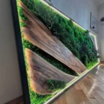 Mos schilderij met houtelementen en planten – modern LED wandpaneel