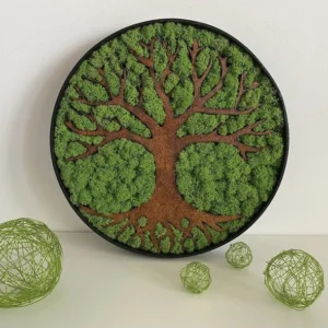 Ronde decoratieve boom met mos en houten frame