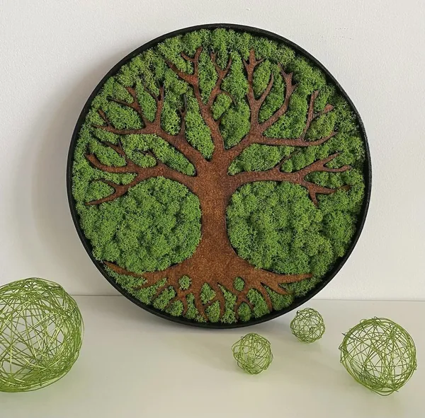 Ronde decoratieve boom met mos en houten frame Ronde decoratieve boom met mos en houten frame