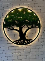 Mos schilderij – Mosboom met bloemen en verlichting