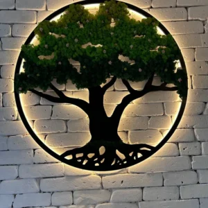 Mos schilderij – Mosboom met bloemen en verlichting