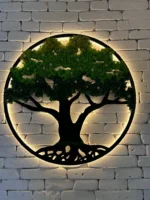 Mos schilderij – Mosboom met bloemen en verlichting