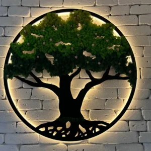 Mos schilderij – Mosboom met bloemen en verlichting